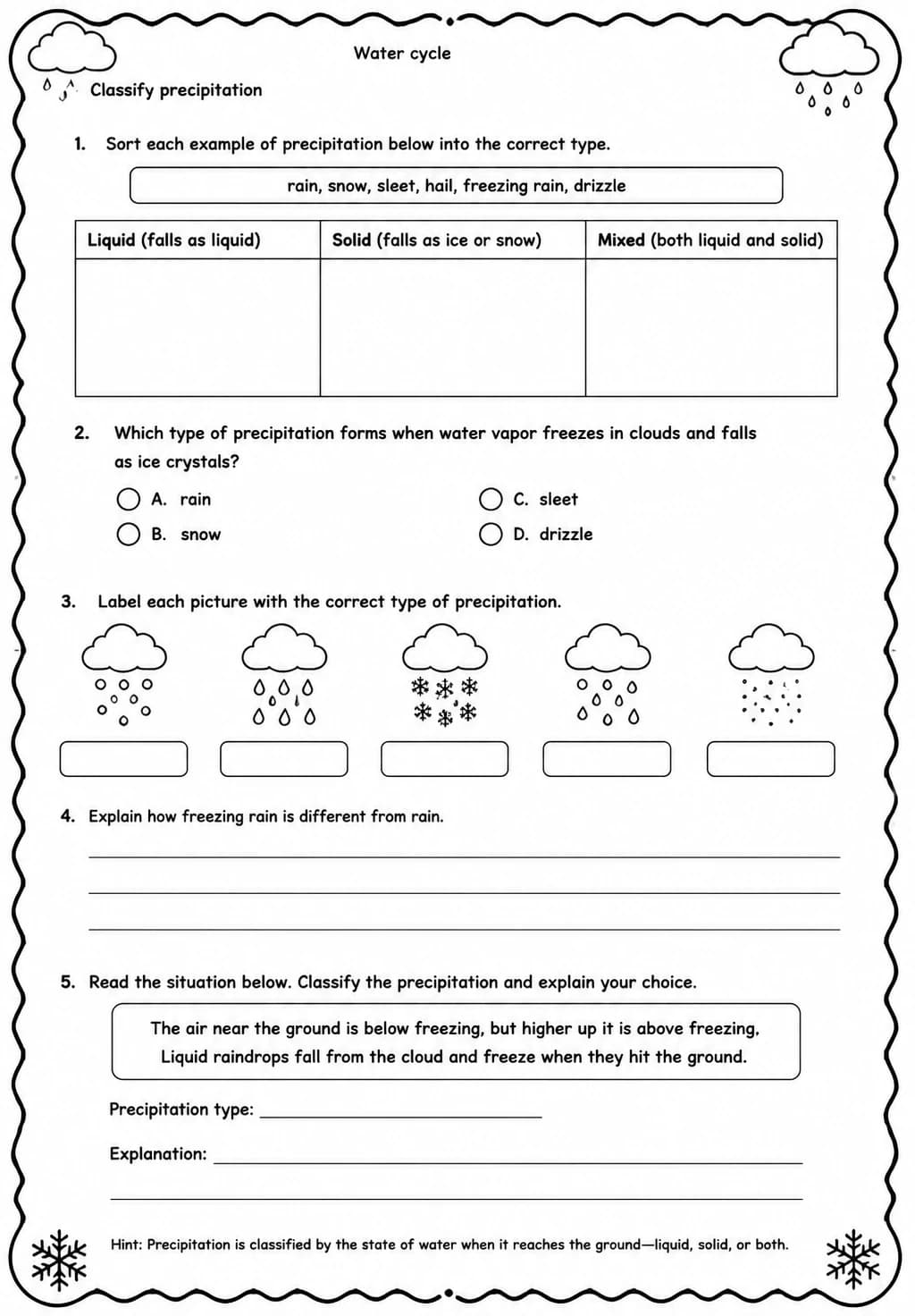 Classify precipitation — free printable Grade 5 Science worksheet