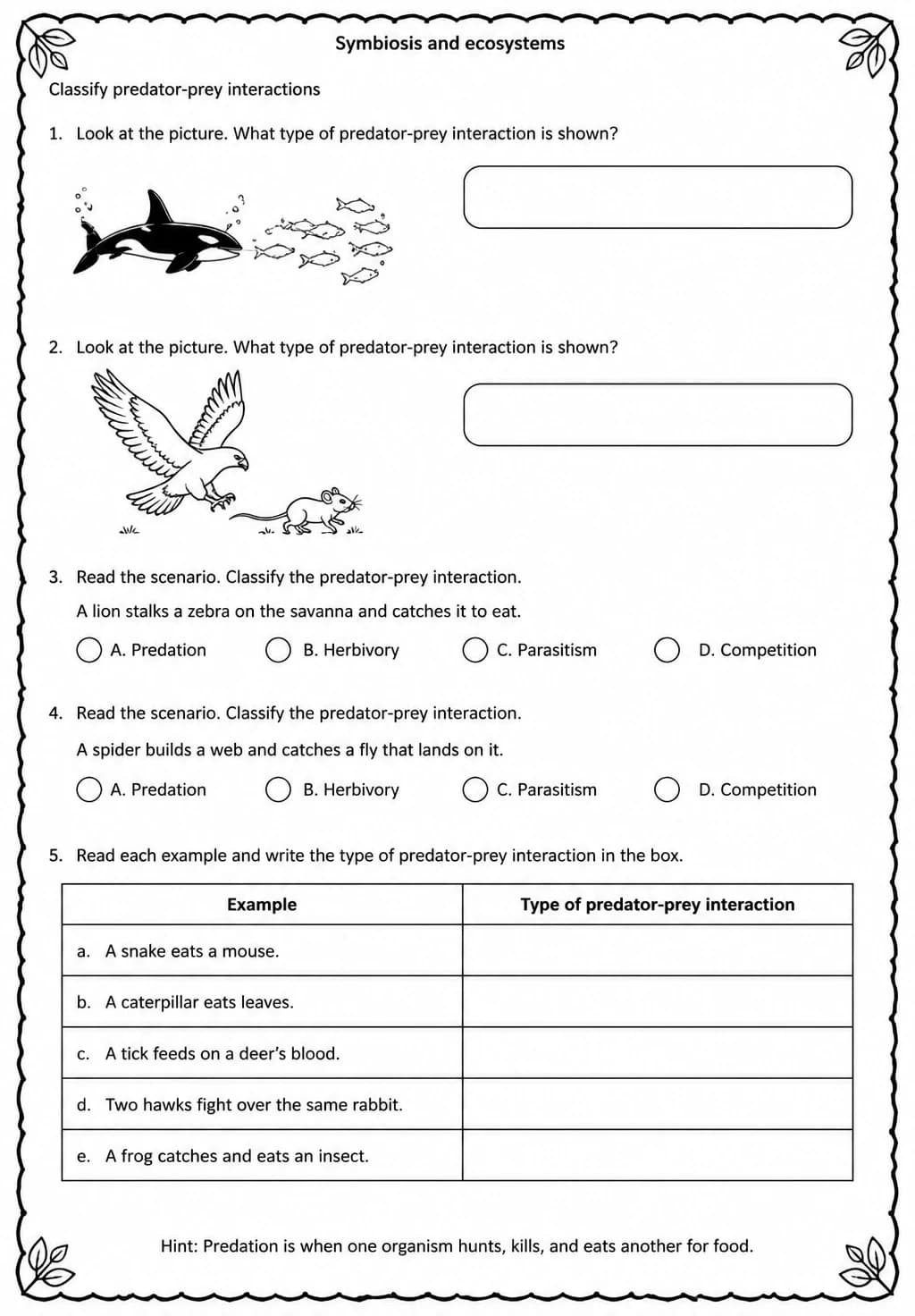 Classify predator-prey interactions — free printable Middle School Science worksheet