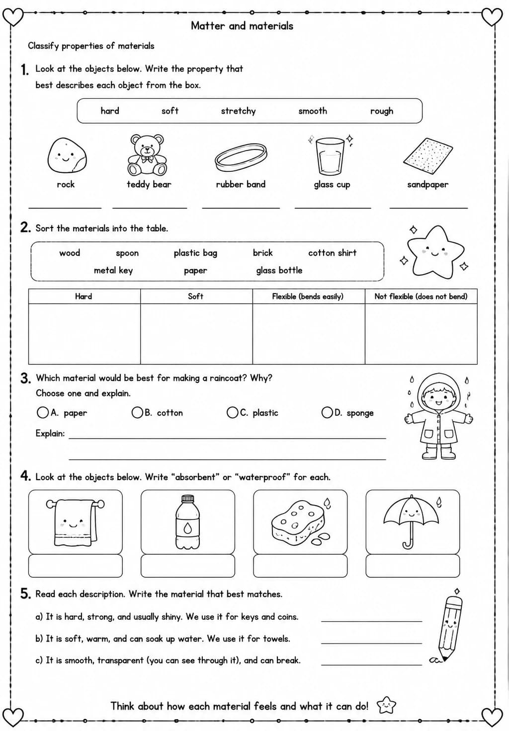 Classify properties of materials — free printable Grade 3 Science worksheet