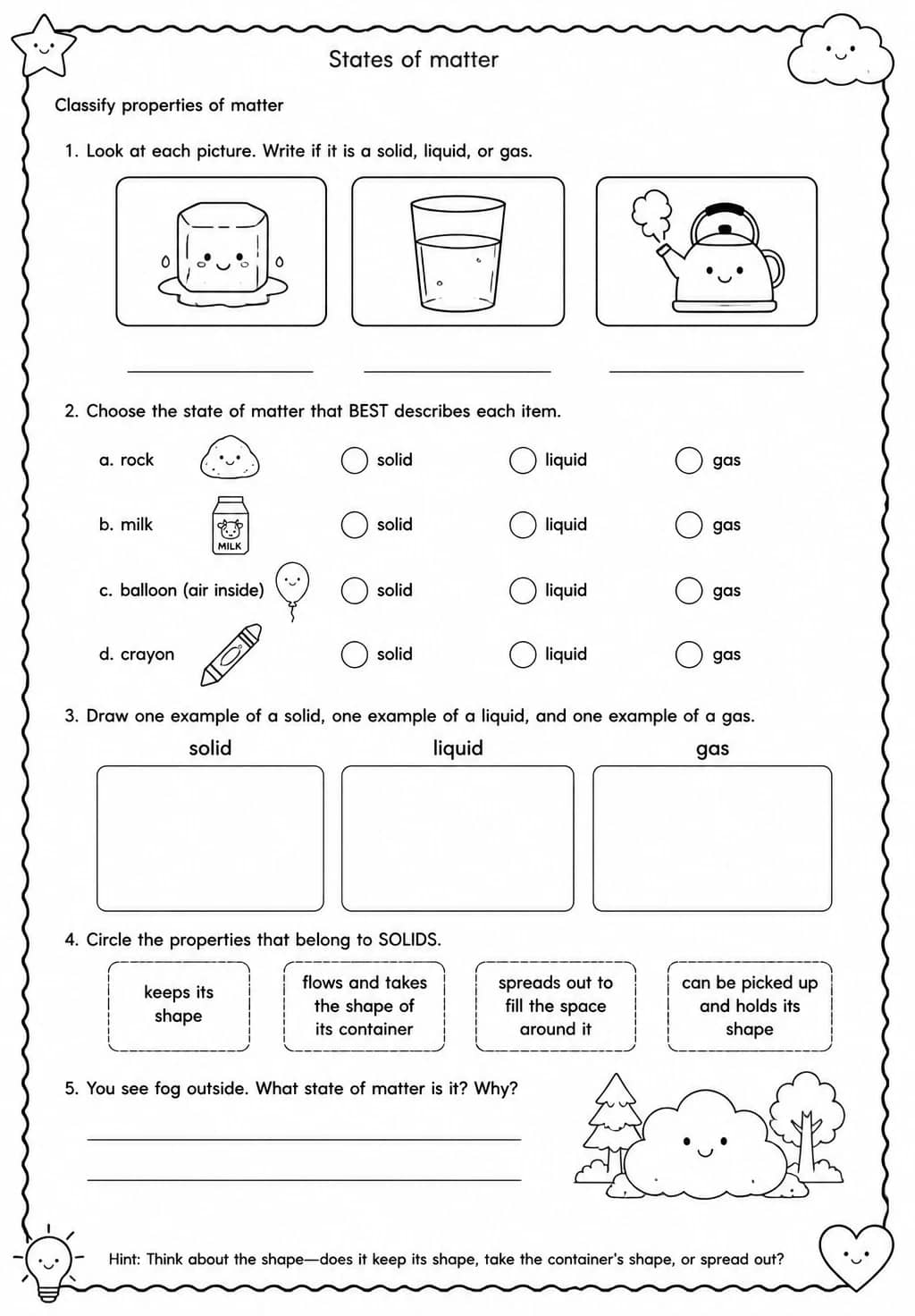 Classify properties of matter — free printable Grade 1 Science worksheet