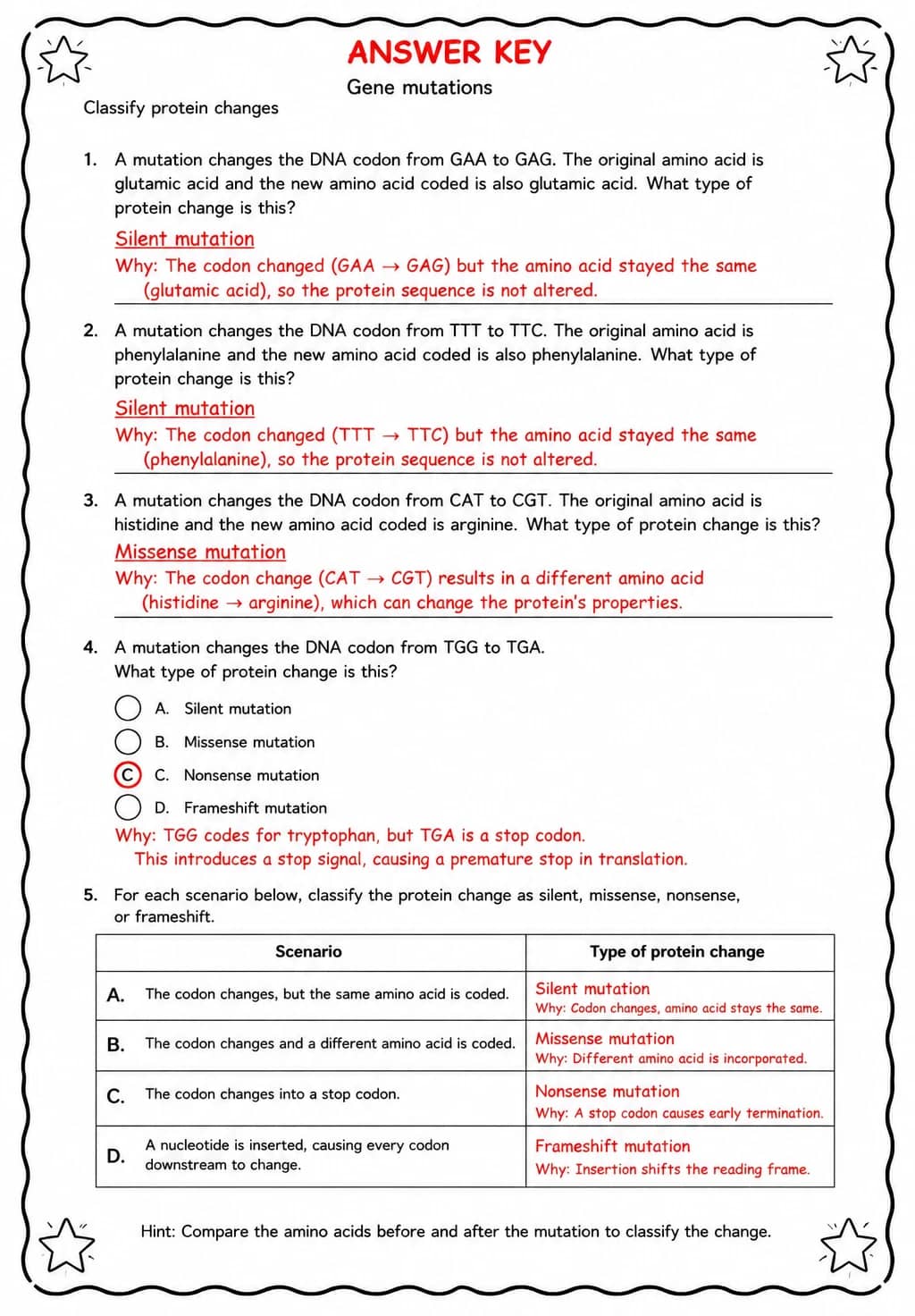Answer key for Classify protein changes — free printable Science worksheet