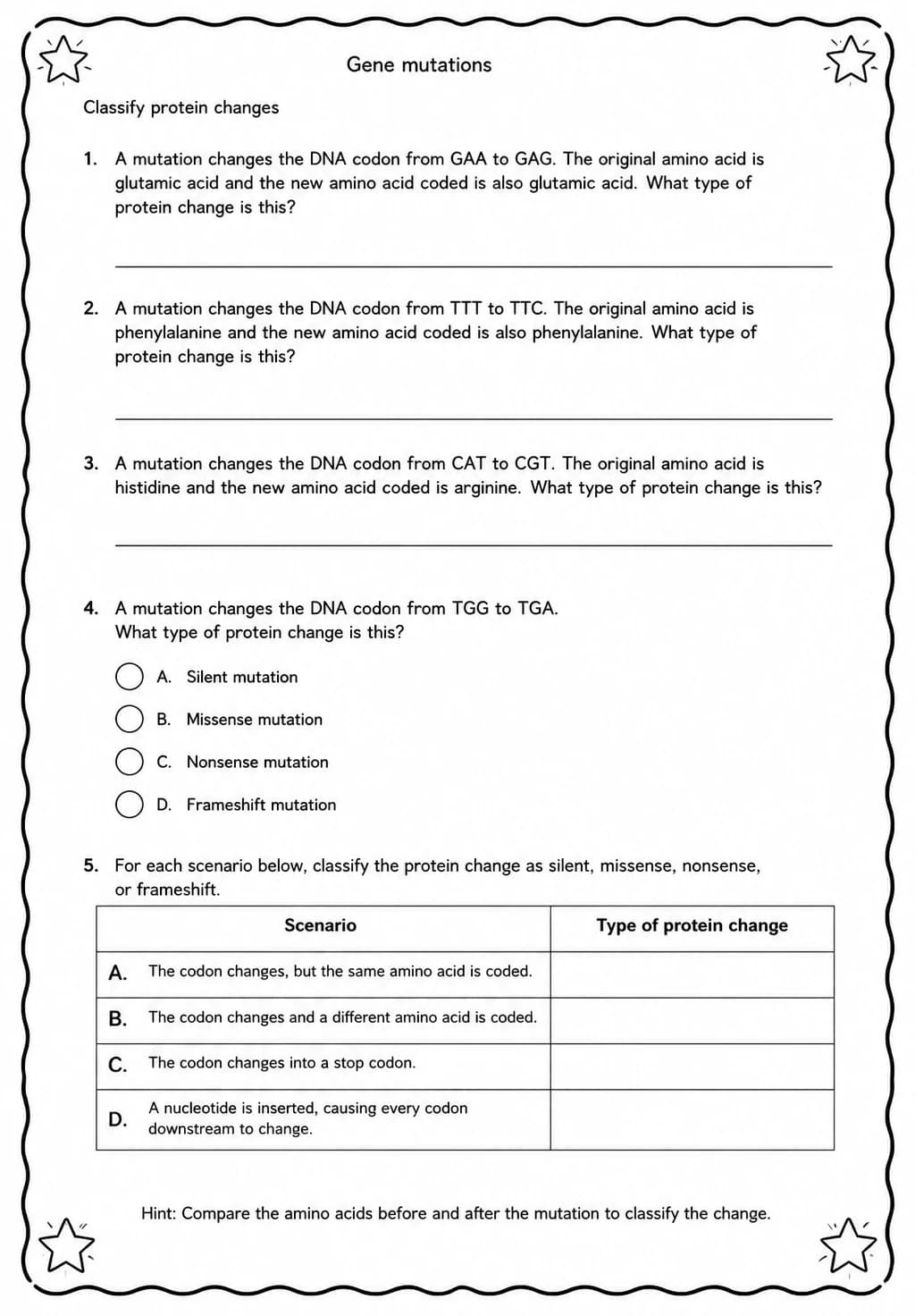 Classify protein changes — free printable Middle School Science worksheet