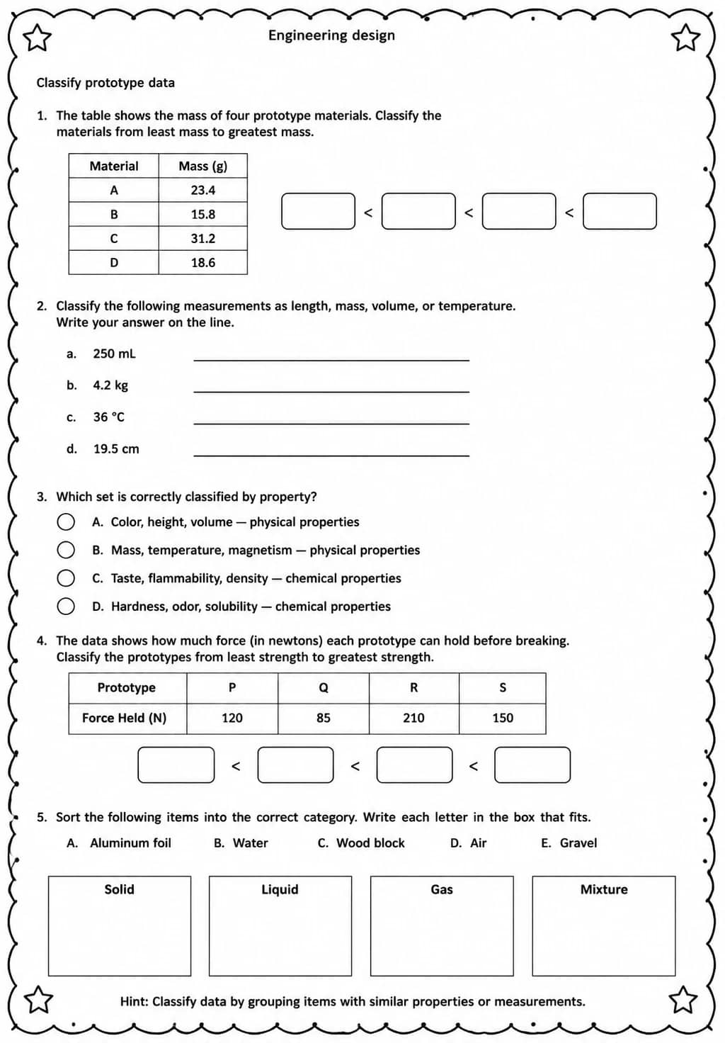 Classify prototype data — free printable Middle School Science worksheet