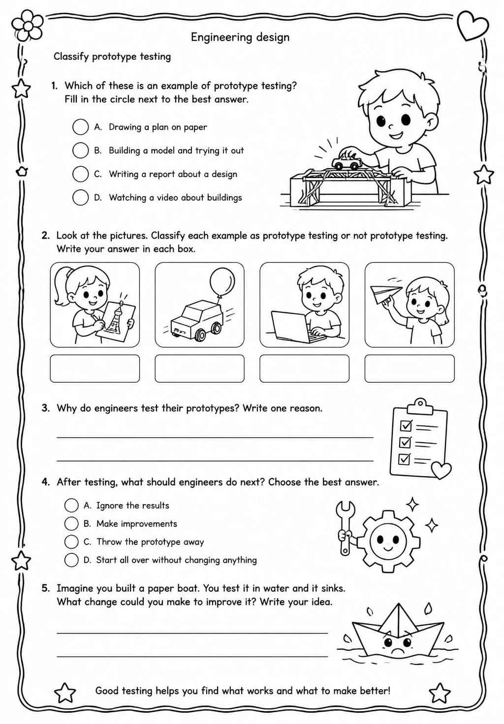 Classify prototype testing — free printable Grade 3 Science worksheet