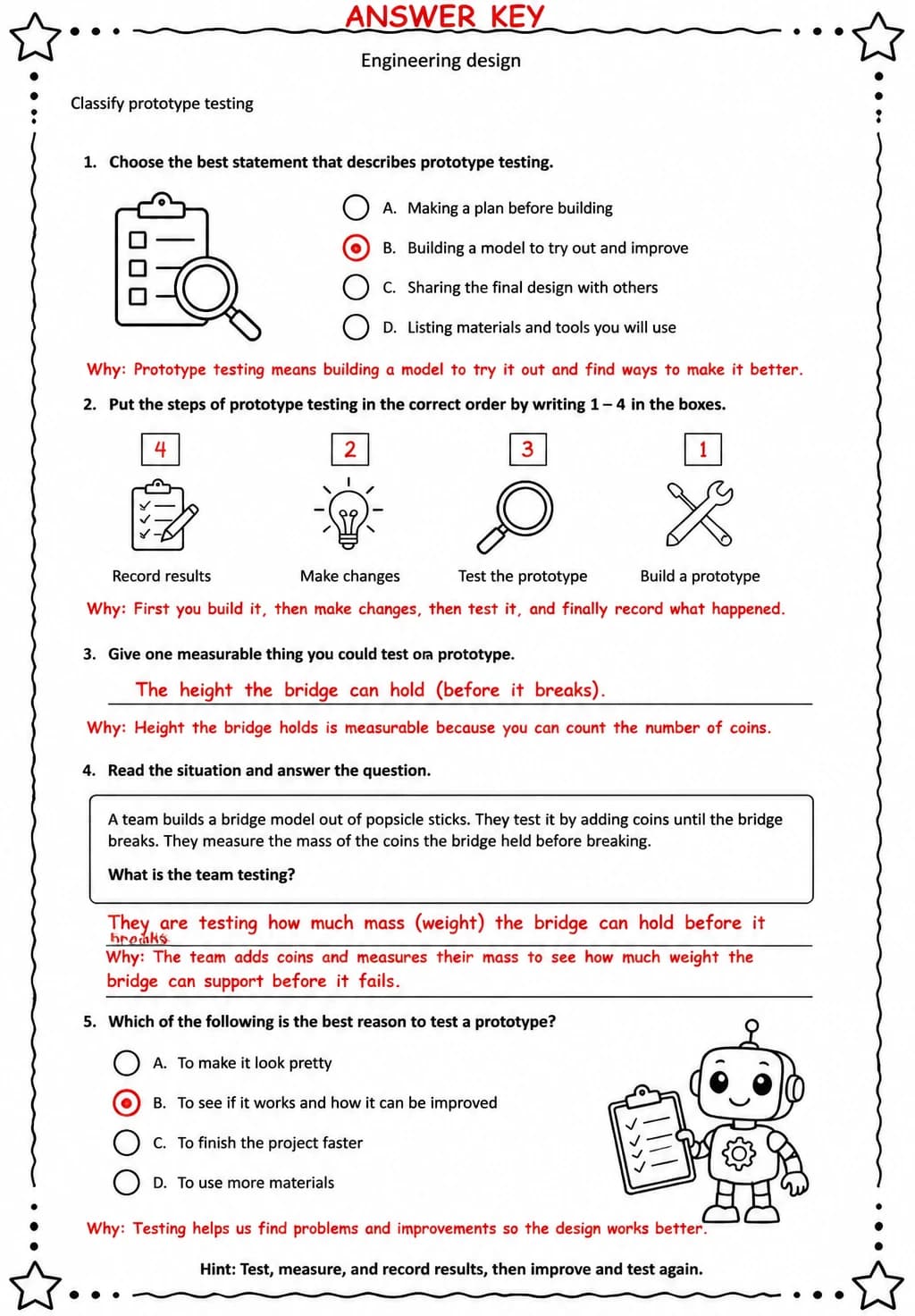 Answer key for Classify prototype testing — free printable Science worksheet
