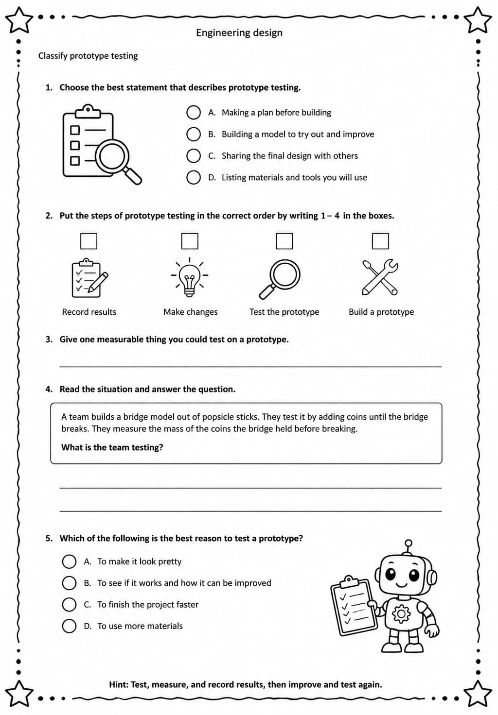Classify prototype testing — free printable Grade 5 Science worksheet