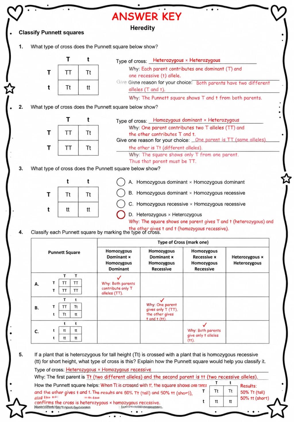 Answer key for Classify Punnett squares — free printable Science worksheet