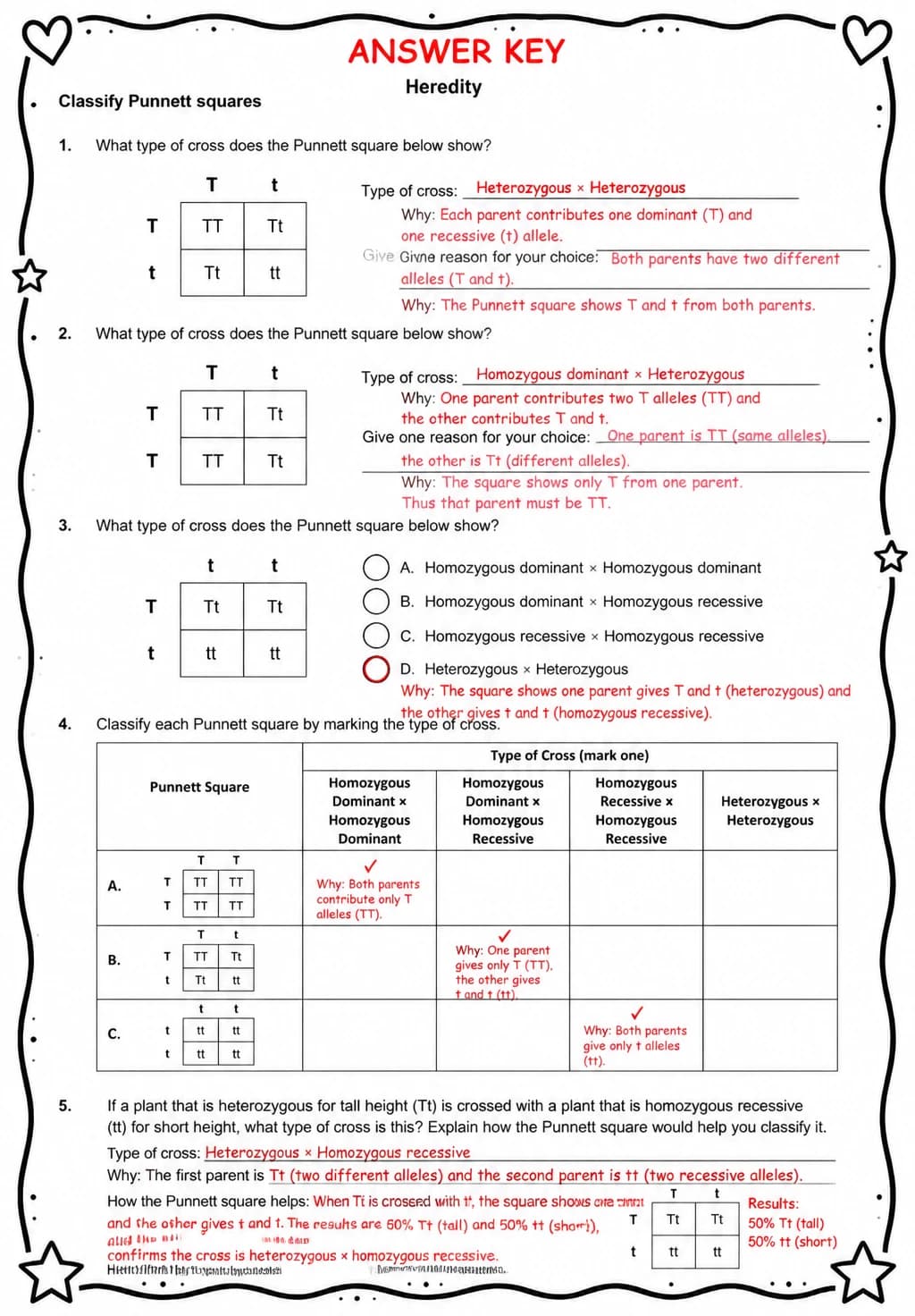 Answer key for Classify Punnett squares — free printable Science worksheet