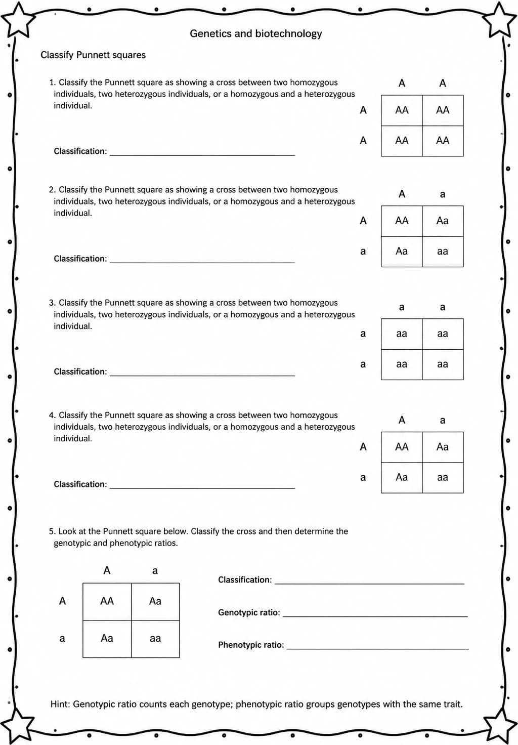 Classify Punnett squares — free printable Middle School Science worksheet
