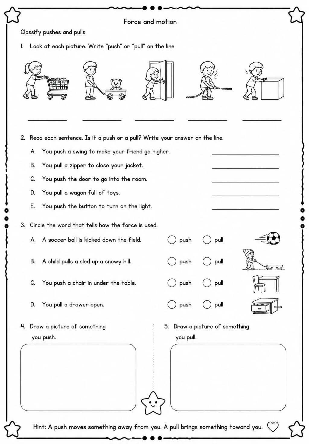 Classify pushes and pulls — free printable Grade 2 Science worksheet