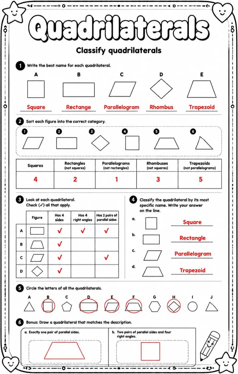 Answer key for Classify quadrilaterals — free printable Math worksheet