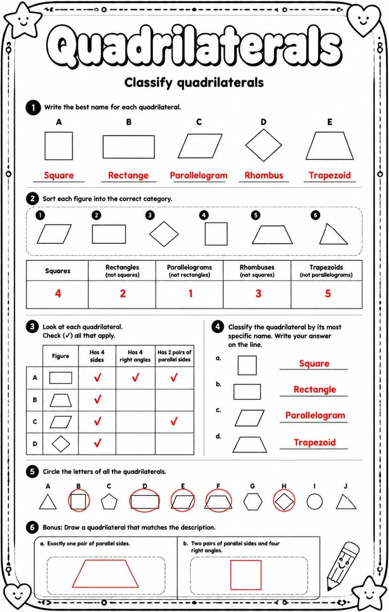 Answer key for Classify quadrilaterals — free printable Math worksheet