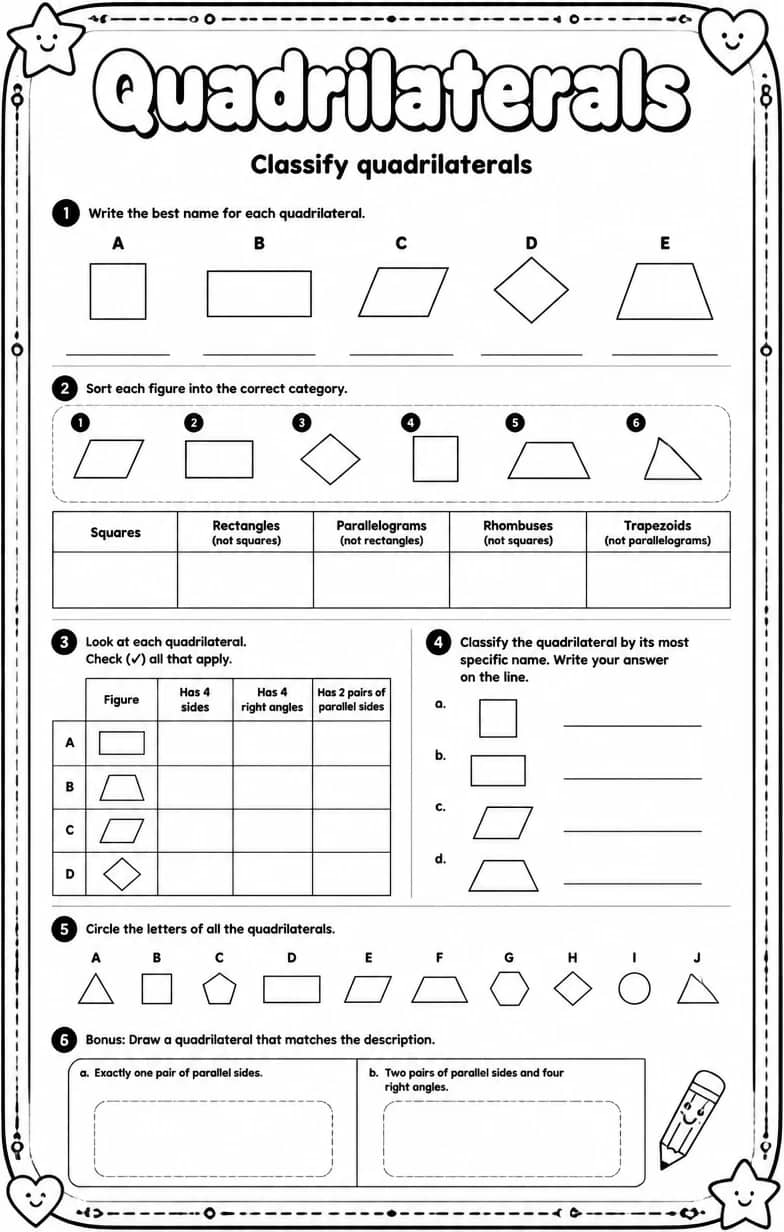 Classify quadrilaterals — free printable Grade 4 math worksheet