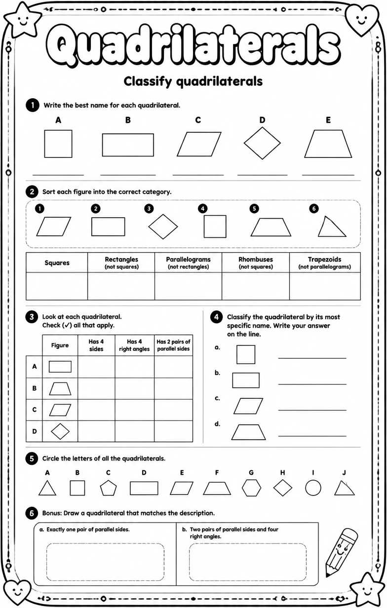 Classify quadrilaterals — free printable Grade 4 Math worksheet