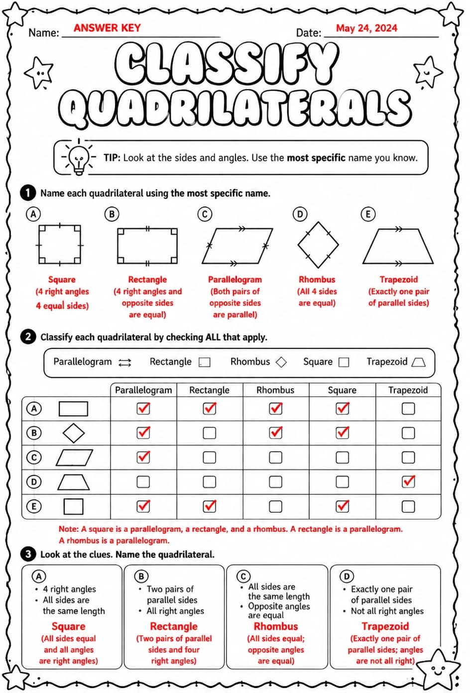 Answer key for Classify quadrilaterals — free printable Math worksheet