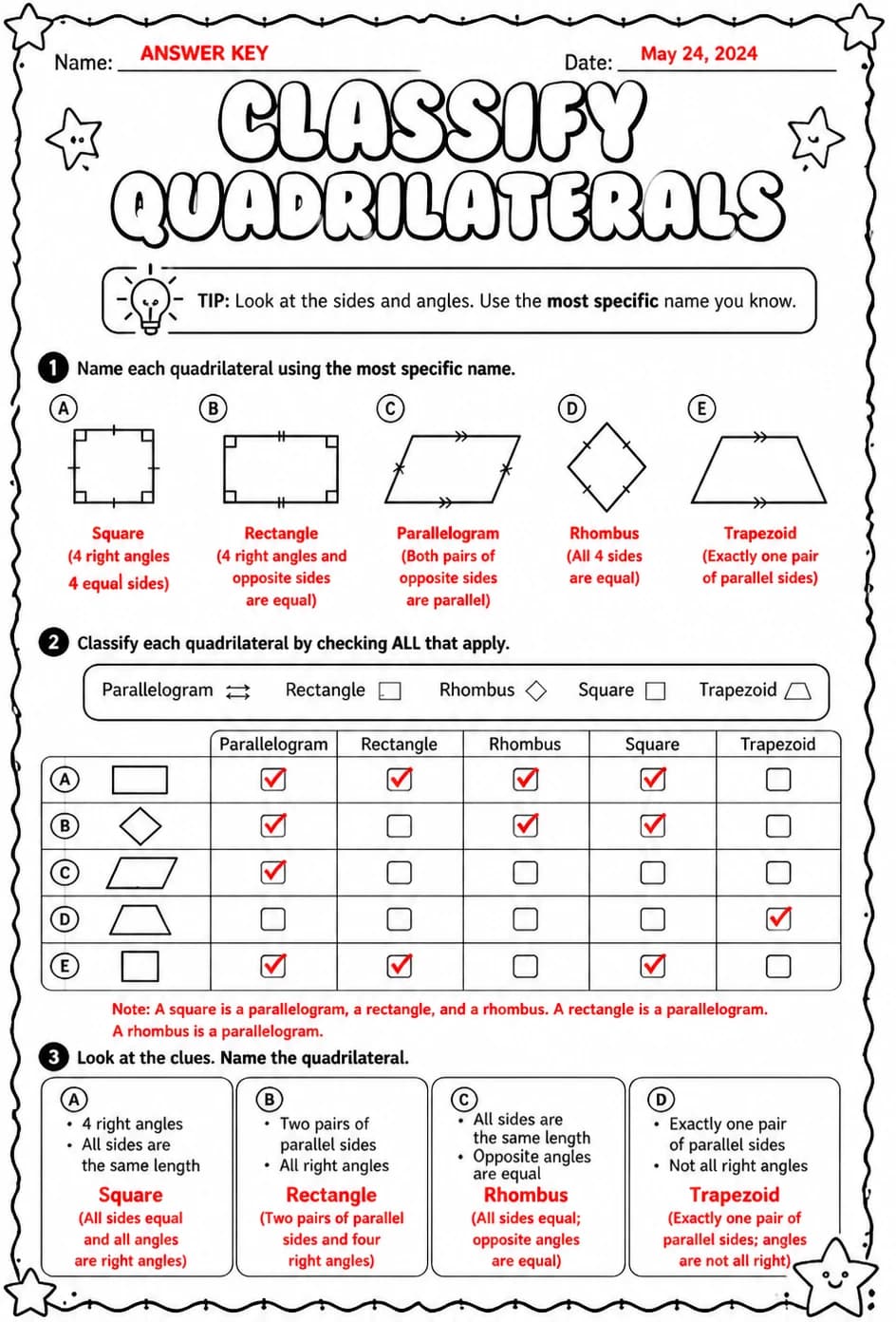 Answer key for Classify quadrilaterals — free printable Math worksheet