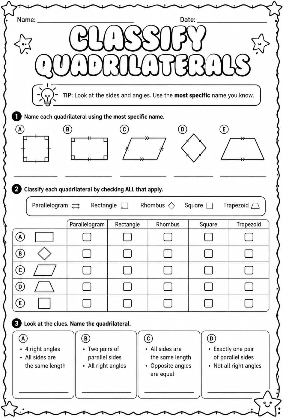 Classify quadrilaterals — free printable Grade 5 math worksheet