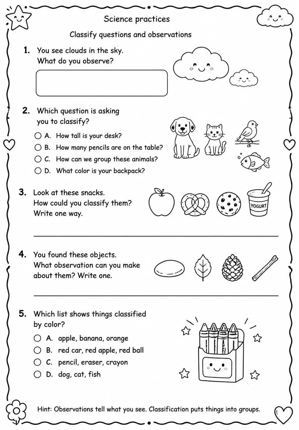 Classify questions and observations — free printable Grade 3 Science worksheet