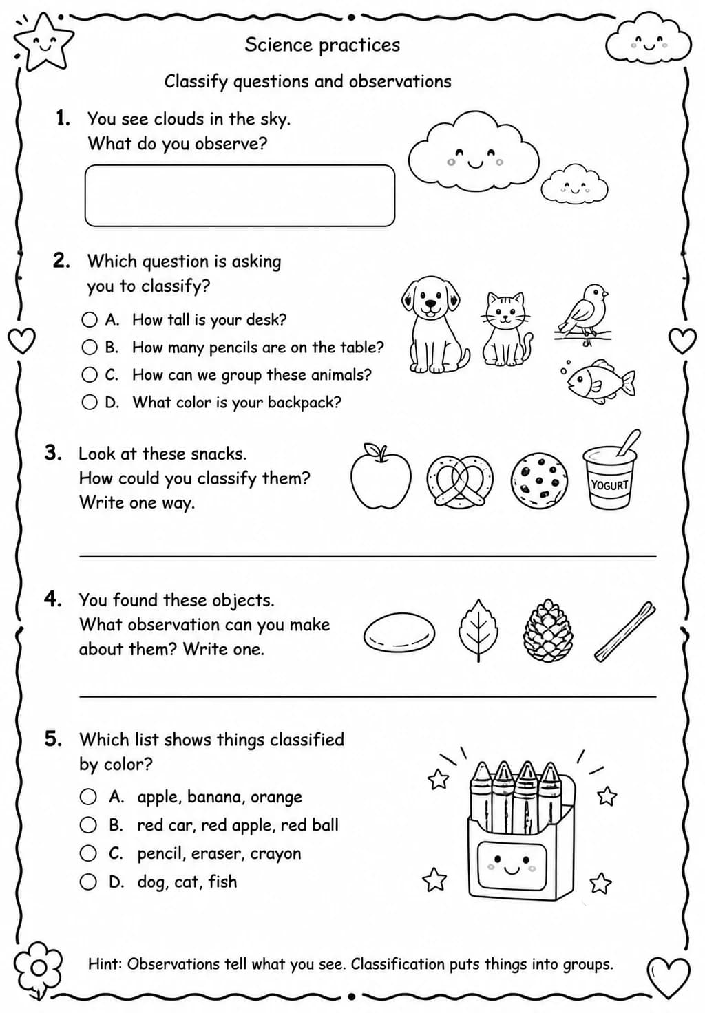 Classify questions and observations — free printable Grade 3 Science worksheet