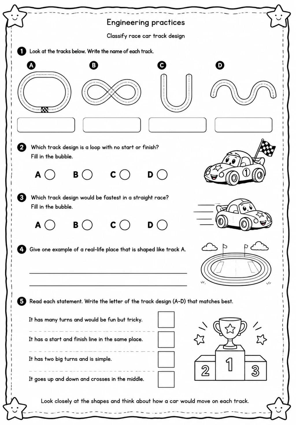 Classify race car track design — free printable Grade 1 Science worksheet