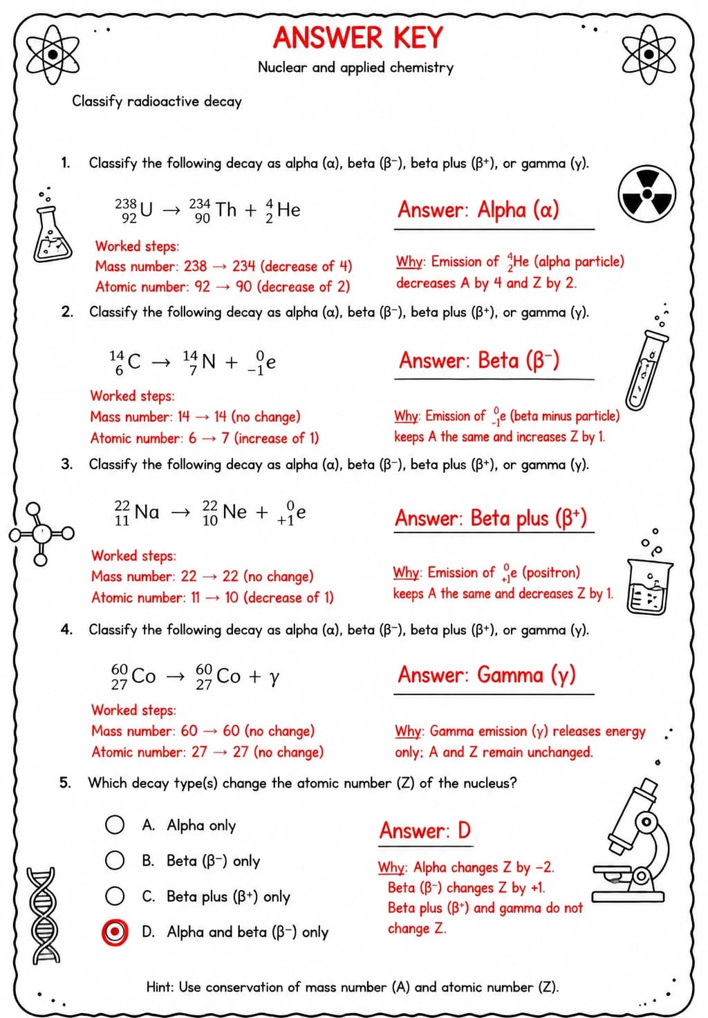 Answer key for Classify radioactive decay — free printable Science worksheet