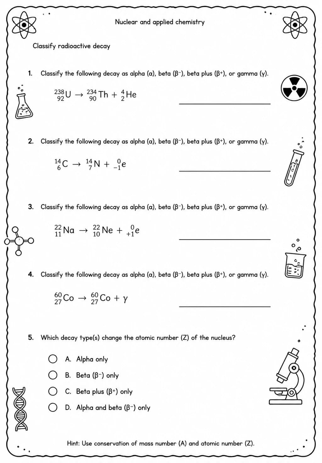 Classify radioactive decay — free printable High School Science worksheet