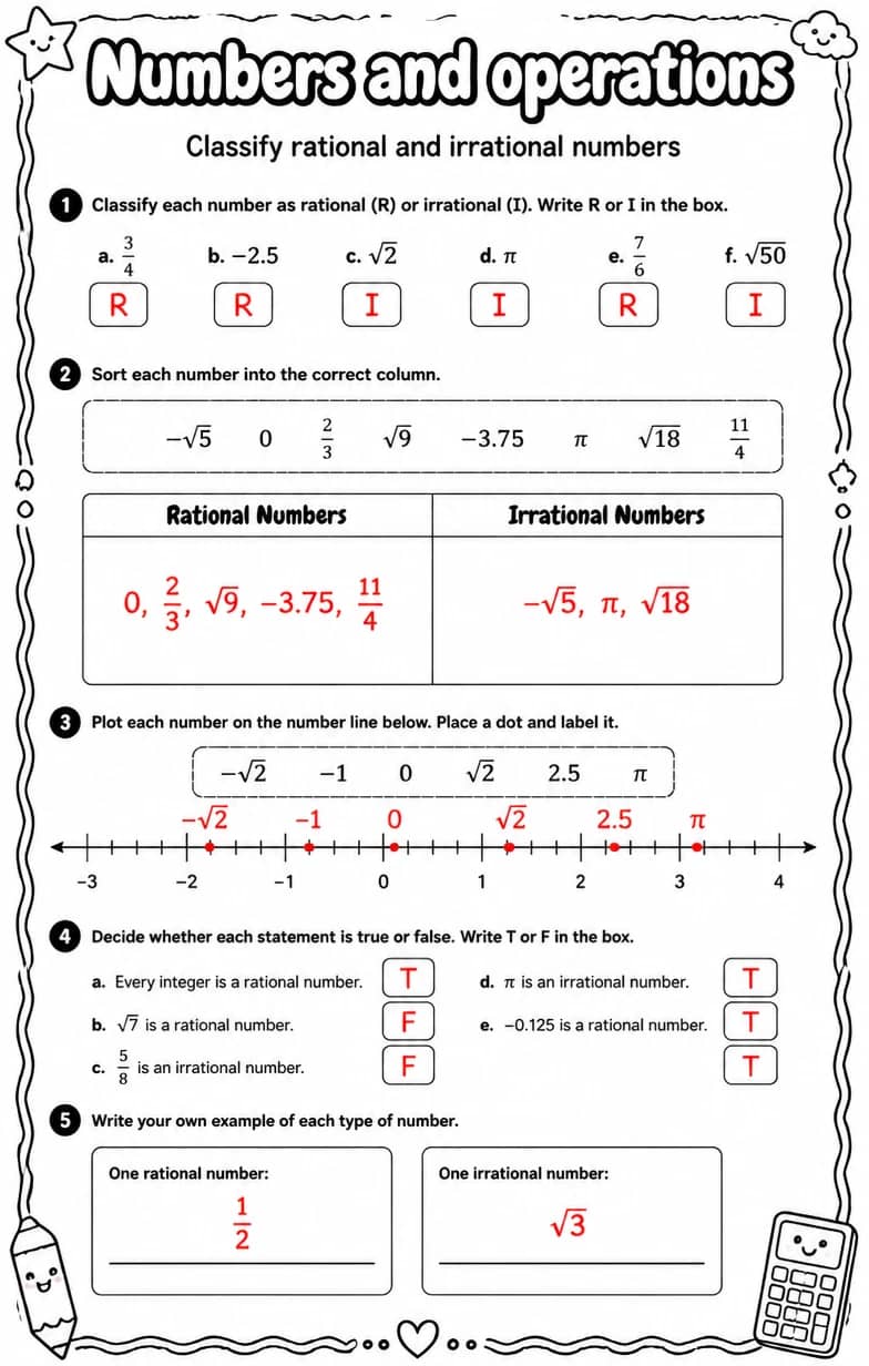 Answer key for Classify rational and irrational numbers — free printable Math worksheet