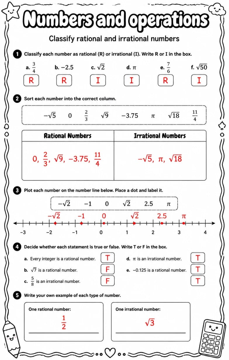 Answer key for Classify rational and irrational numbers — free printable Math worksheet