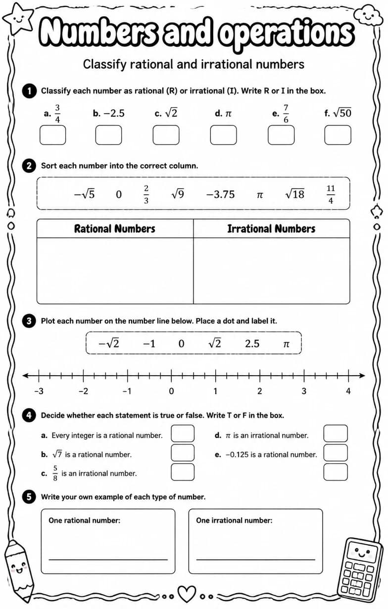 Classify rational and irrational numbers — free printable Algebra 1 math worksheet