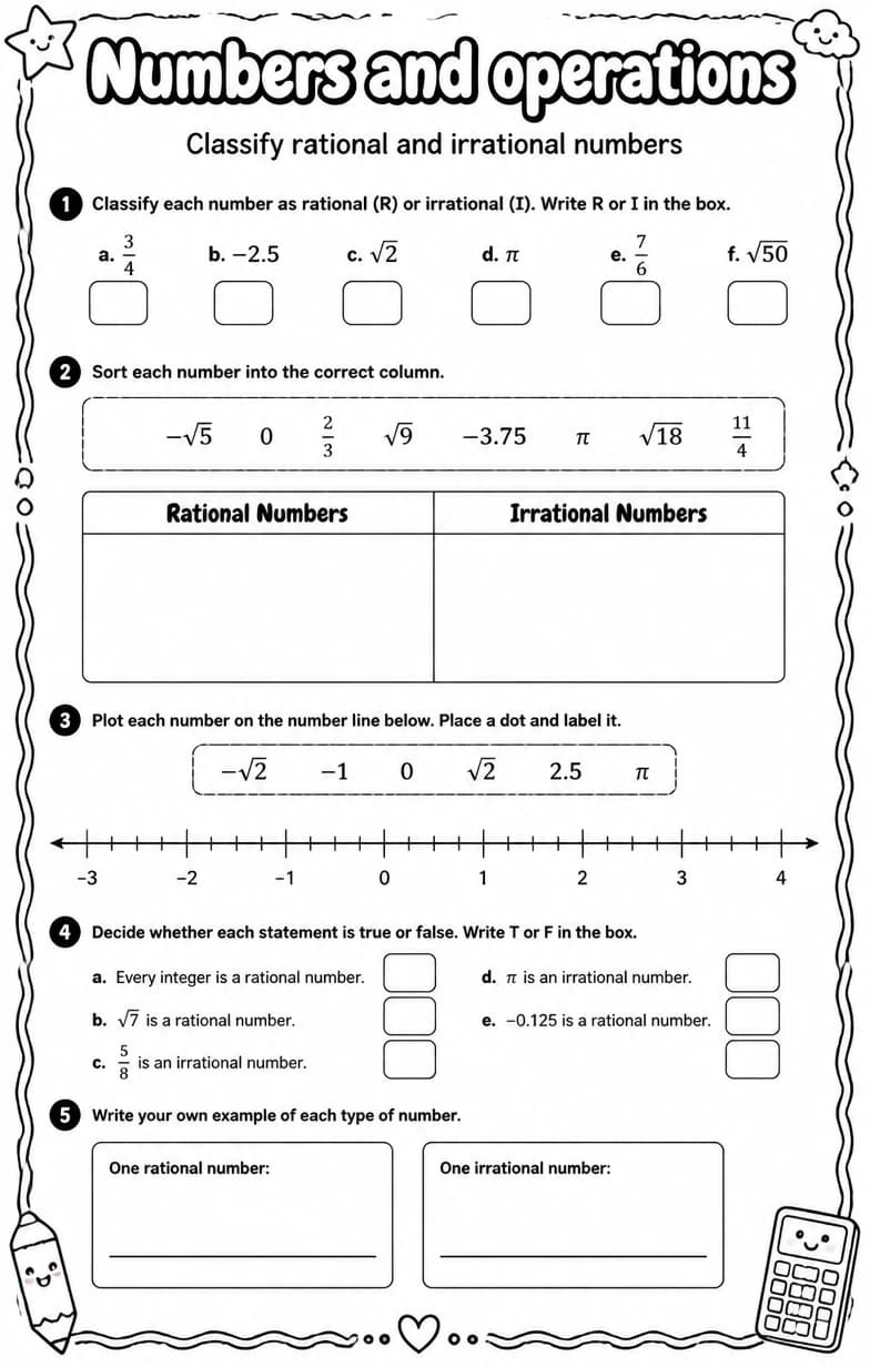 Classify rational and irrational numbers — free printable Algebra 1 math worksheet