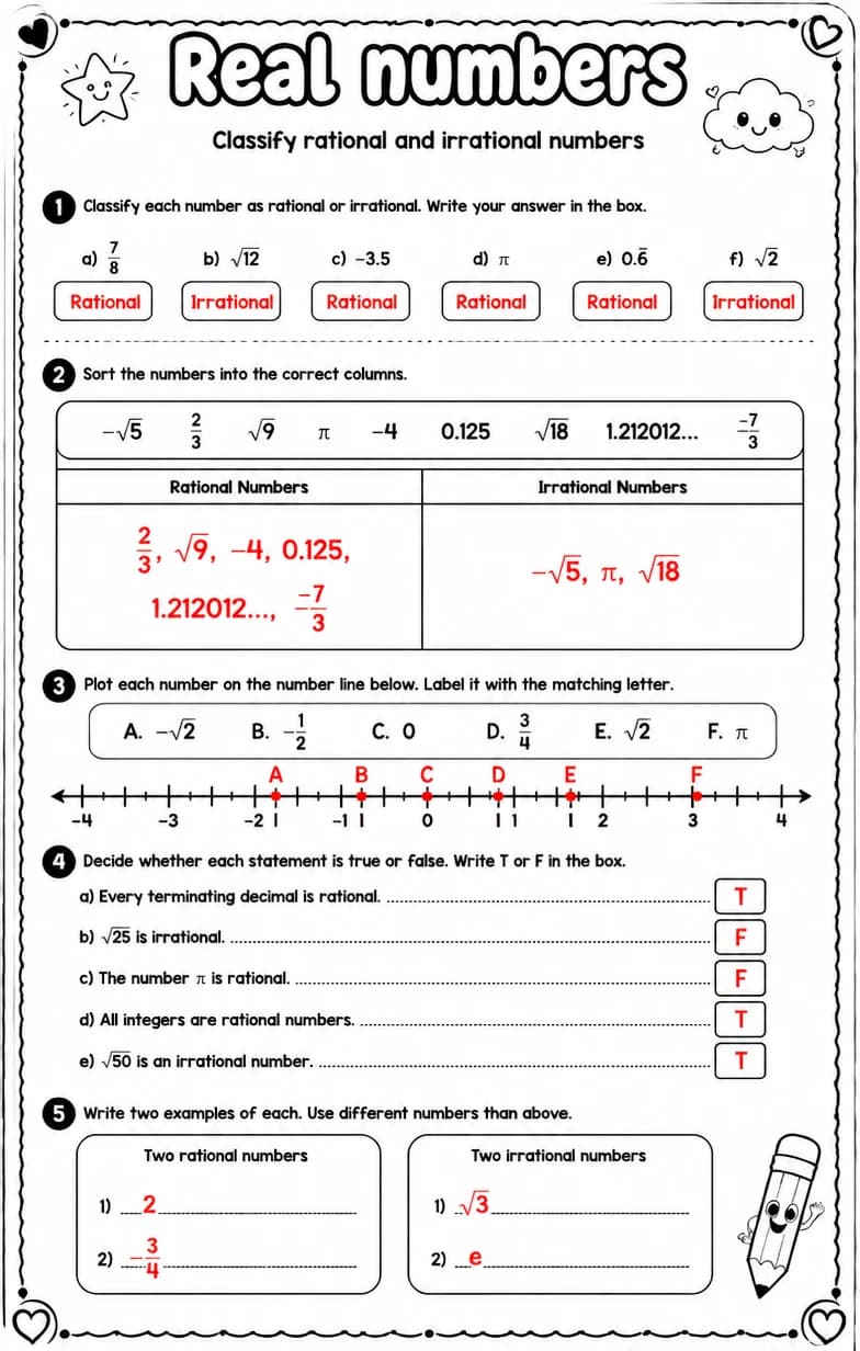 Answer key for Classify rational and irrational numbers — free printable Math worksheet