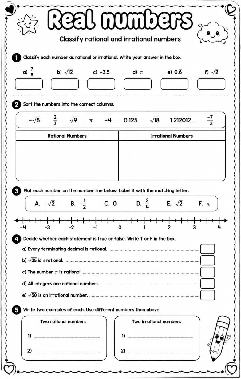 Classify rational and irrational numbers — free printable Algebra 2 math worksheet