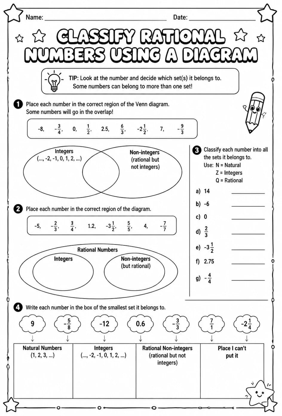 Classify rational numbers using a diagram — free printable Grade 7 math worksheet