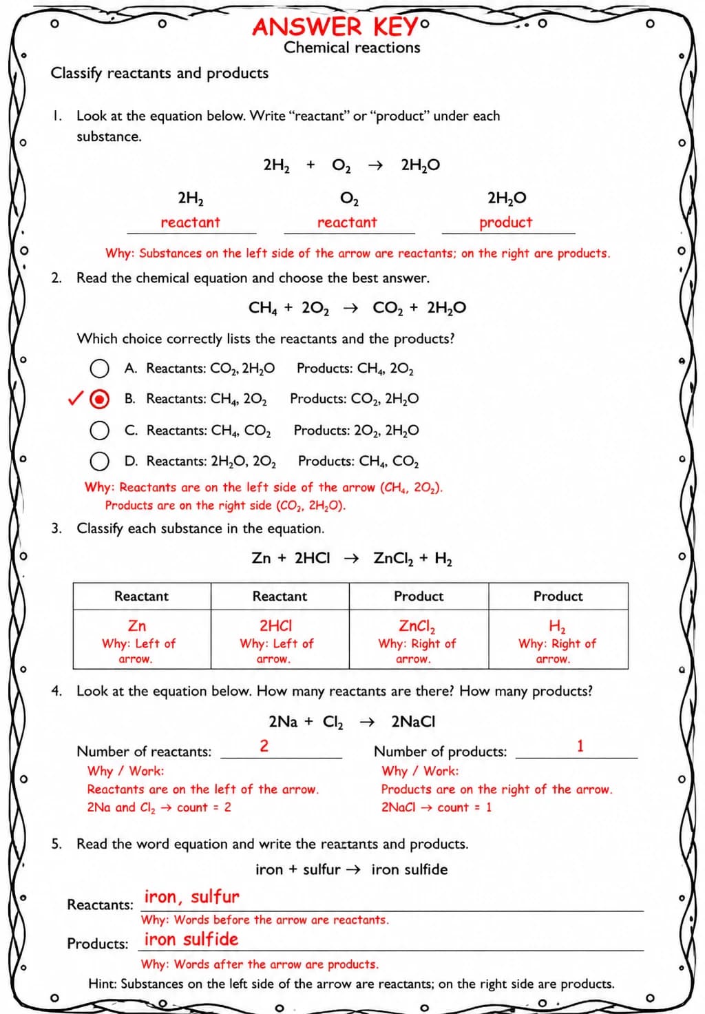Answer key for Classify reactants and products — free printable Science worksheet