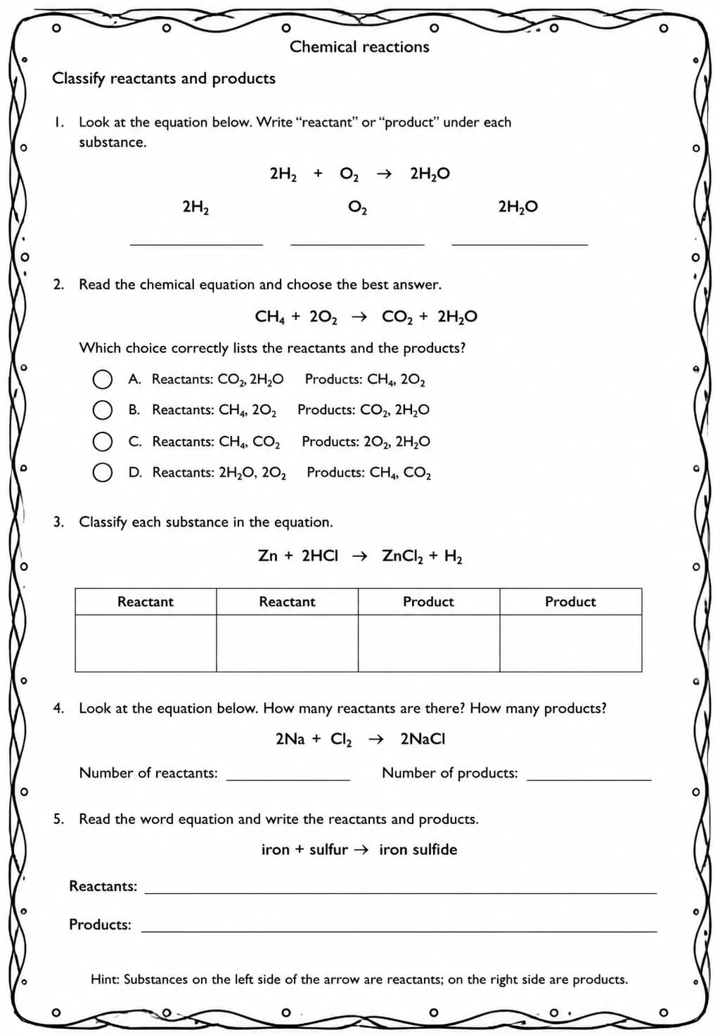 Classify reactants and products — free printable Middle School Science worksheet