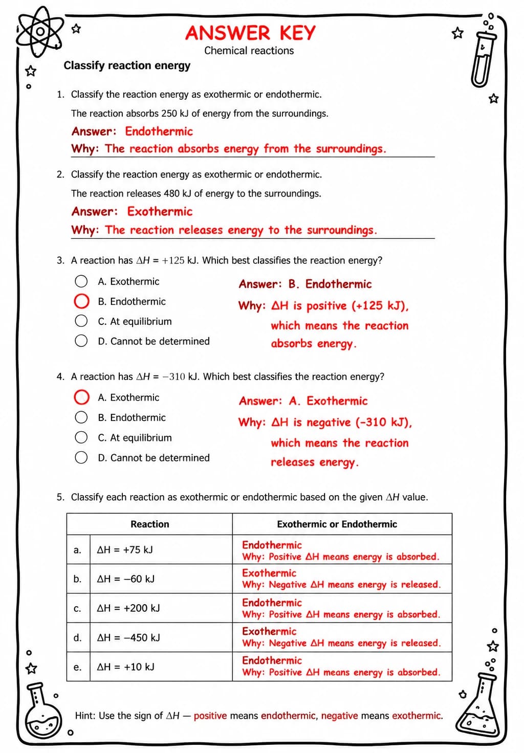 Answer key for Classify reaction energy — free printable Science worksheet