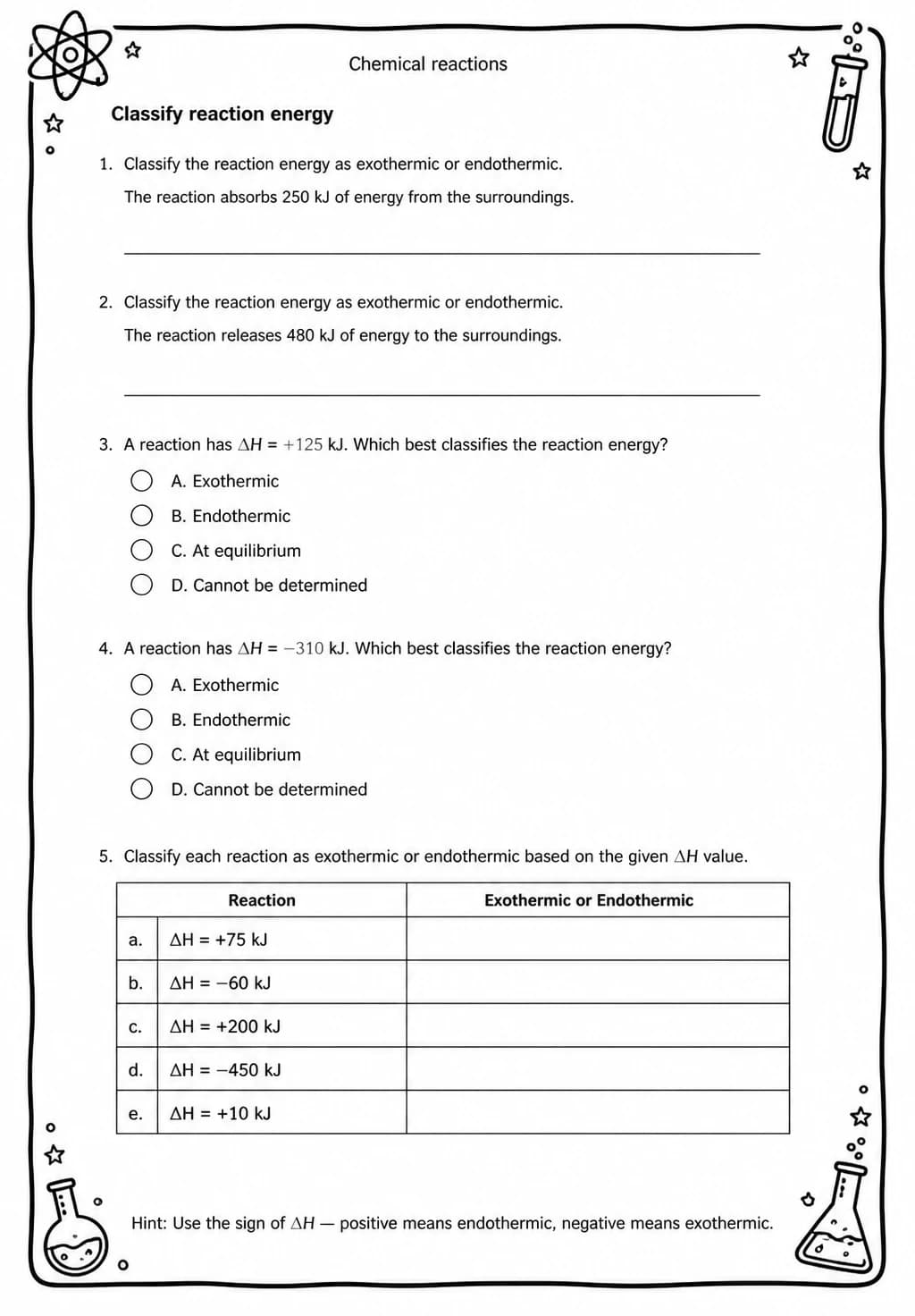 Classify reaction energy — free printable Middle School Science worksheet