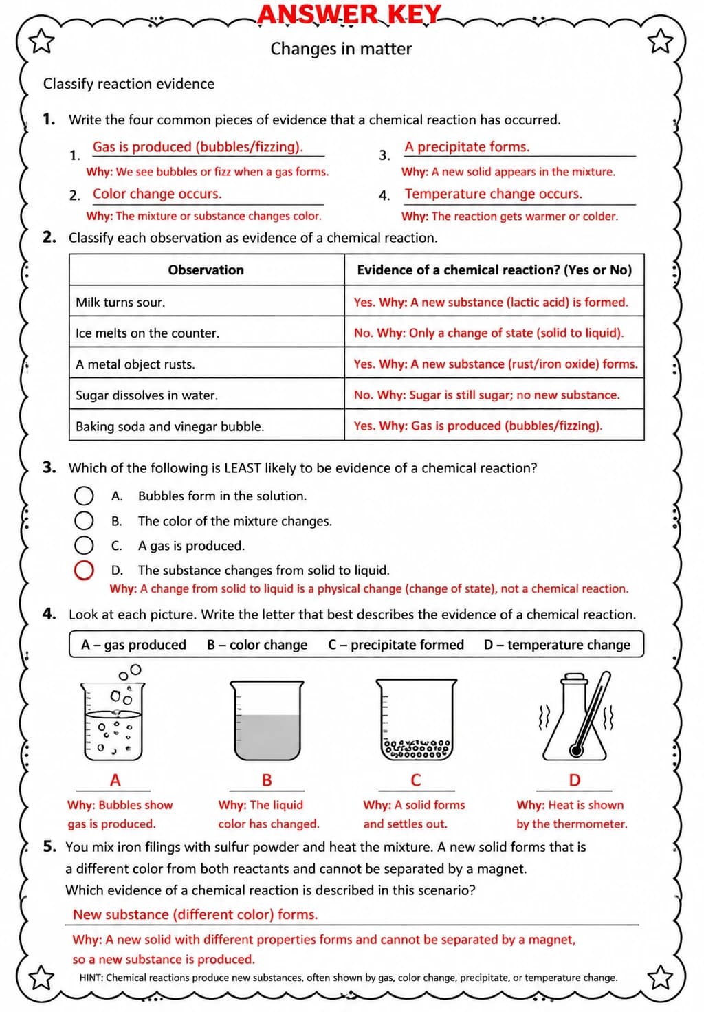 Answer key for Classify reaction evidence — free printable Science worksheet
