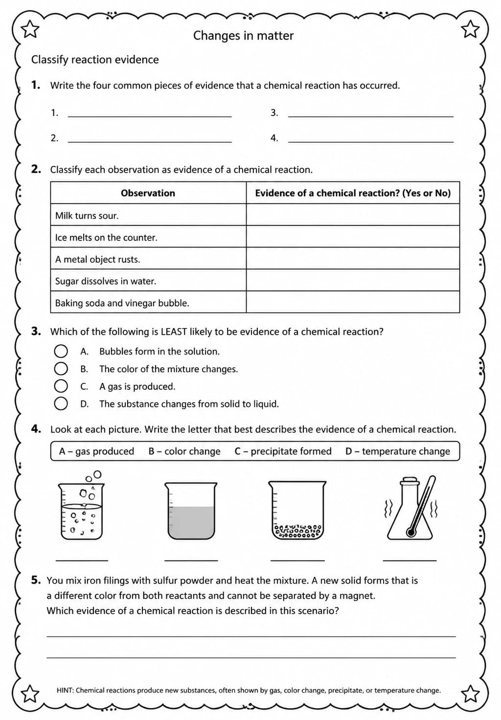 Classify reaction evidence — free printable Grade 5 Science worksheet