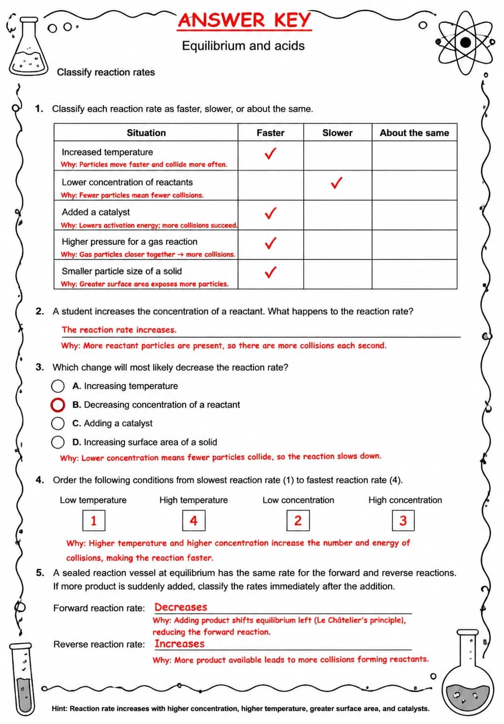 Answer key for Classify reaction rates — free printable Science worksheet