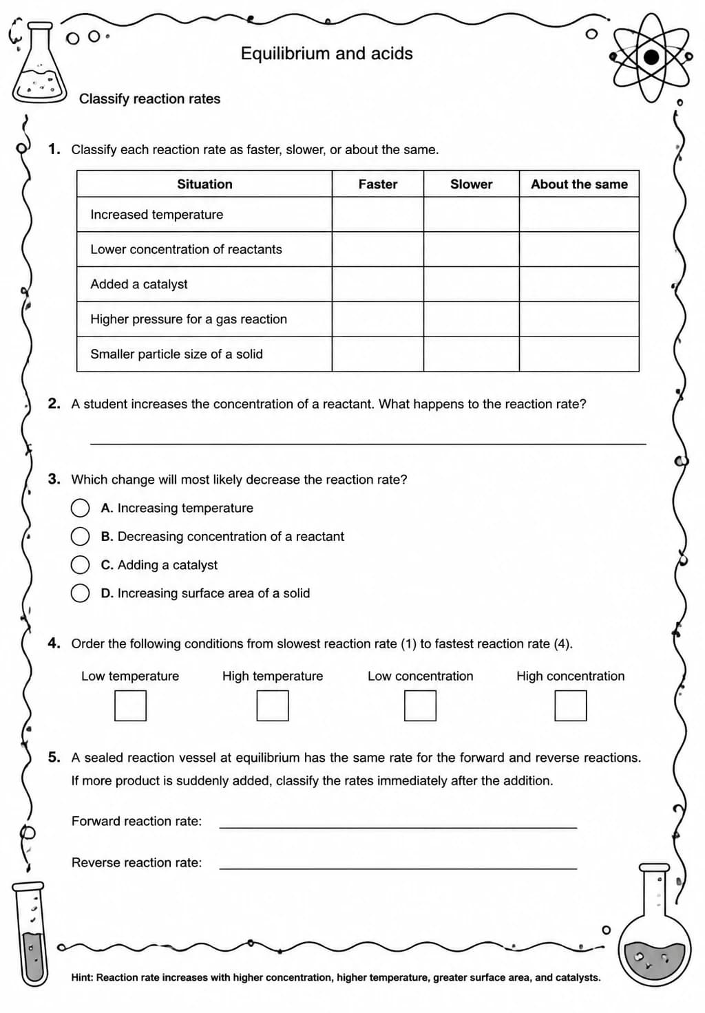 Classify reaction rates — free printable High School Science worksheet
