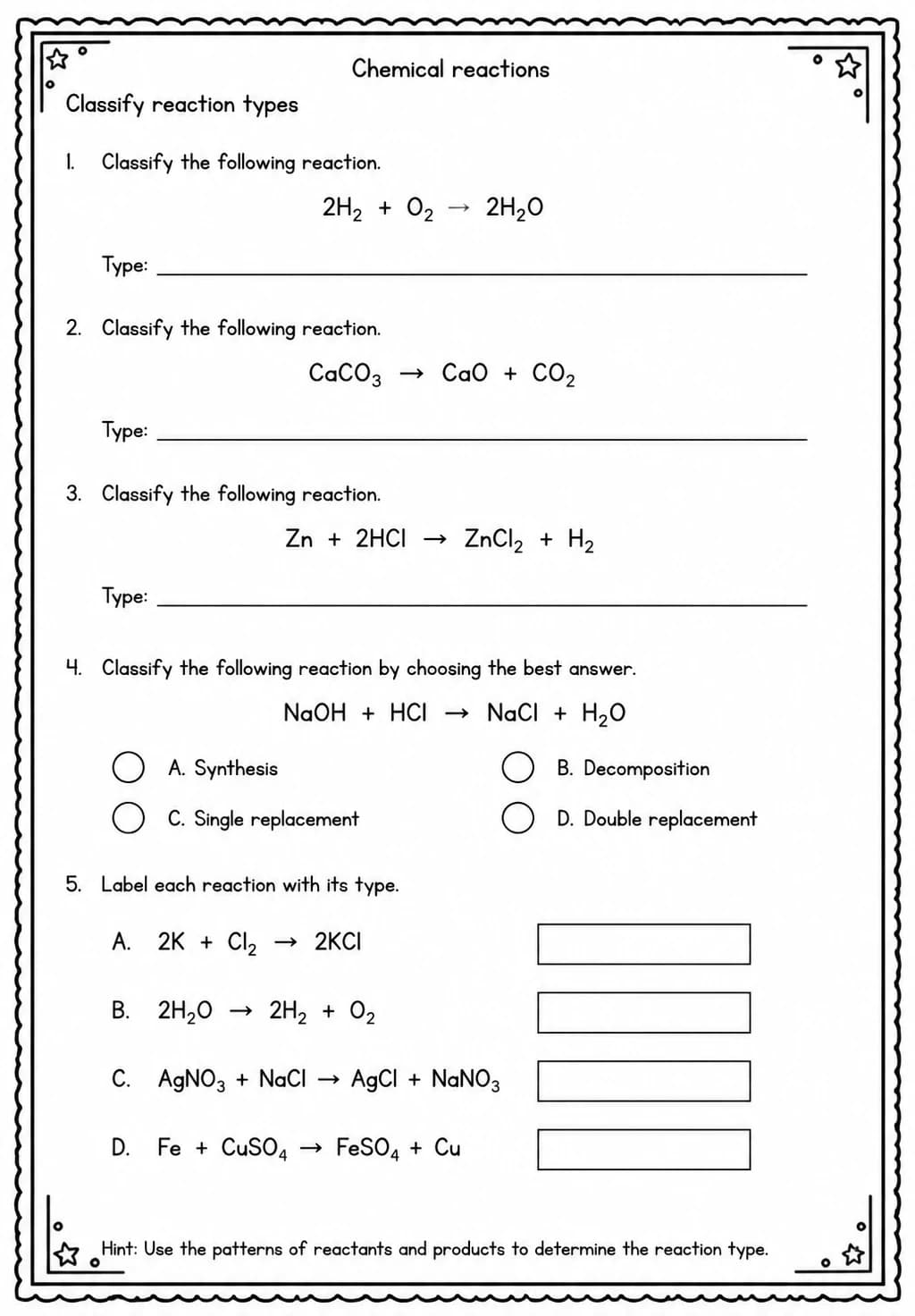 Classify reaction types — free printable High School Science worksheet