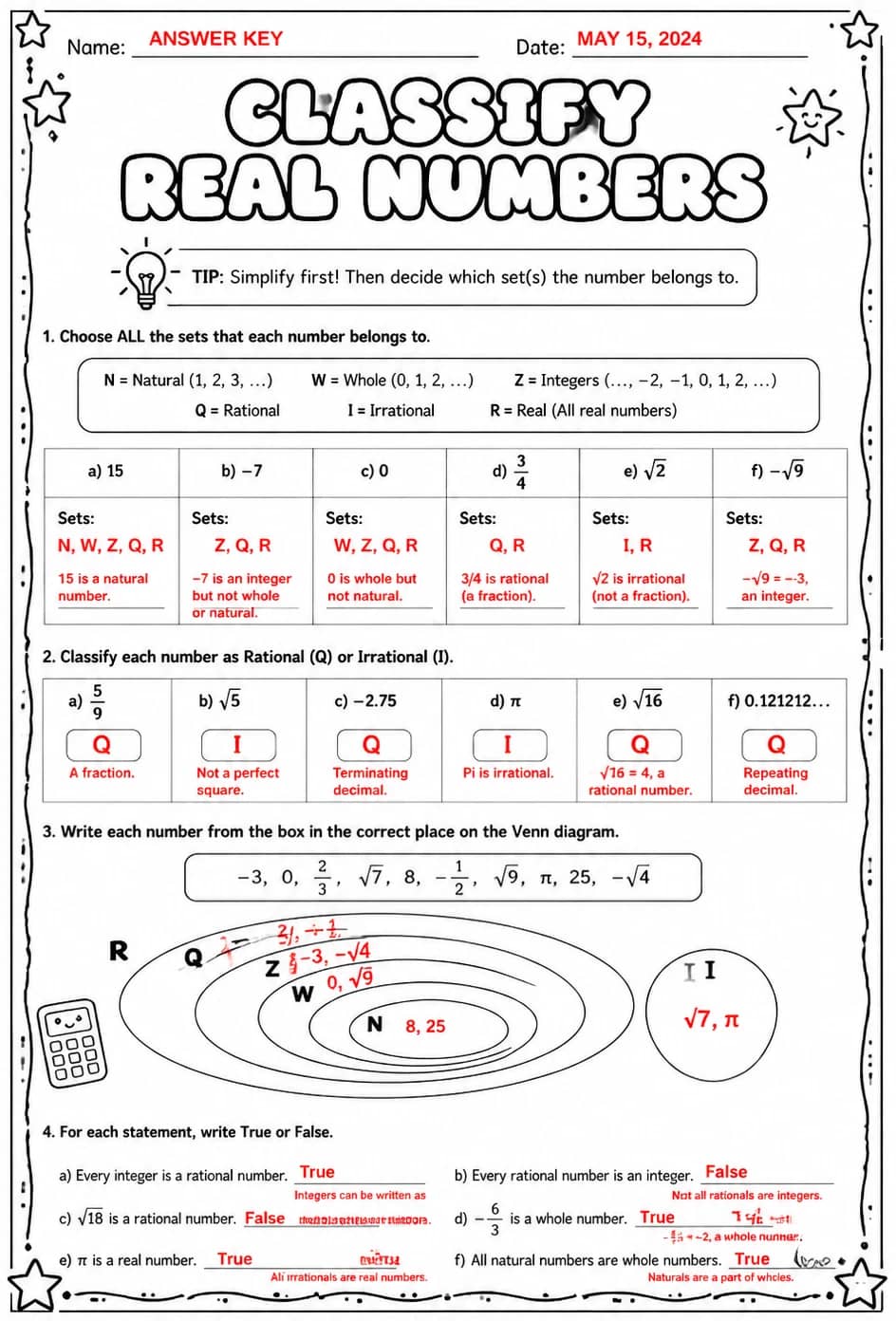 Answer key for Classify real numbers — free printable Math worksheet