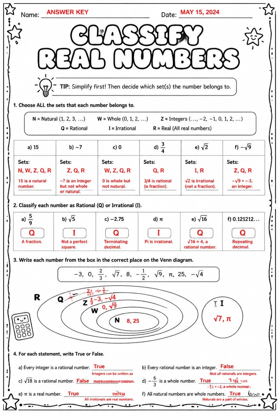 Answer key for Classify real numbers — free printable Math worksheet