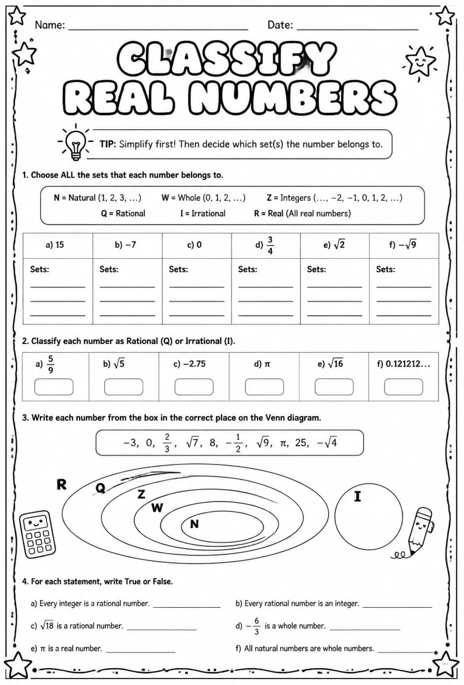Classify real numbers — free printable Grade 7 math worksheet