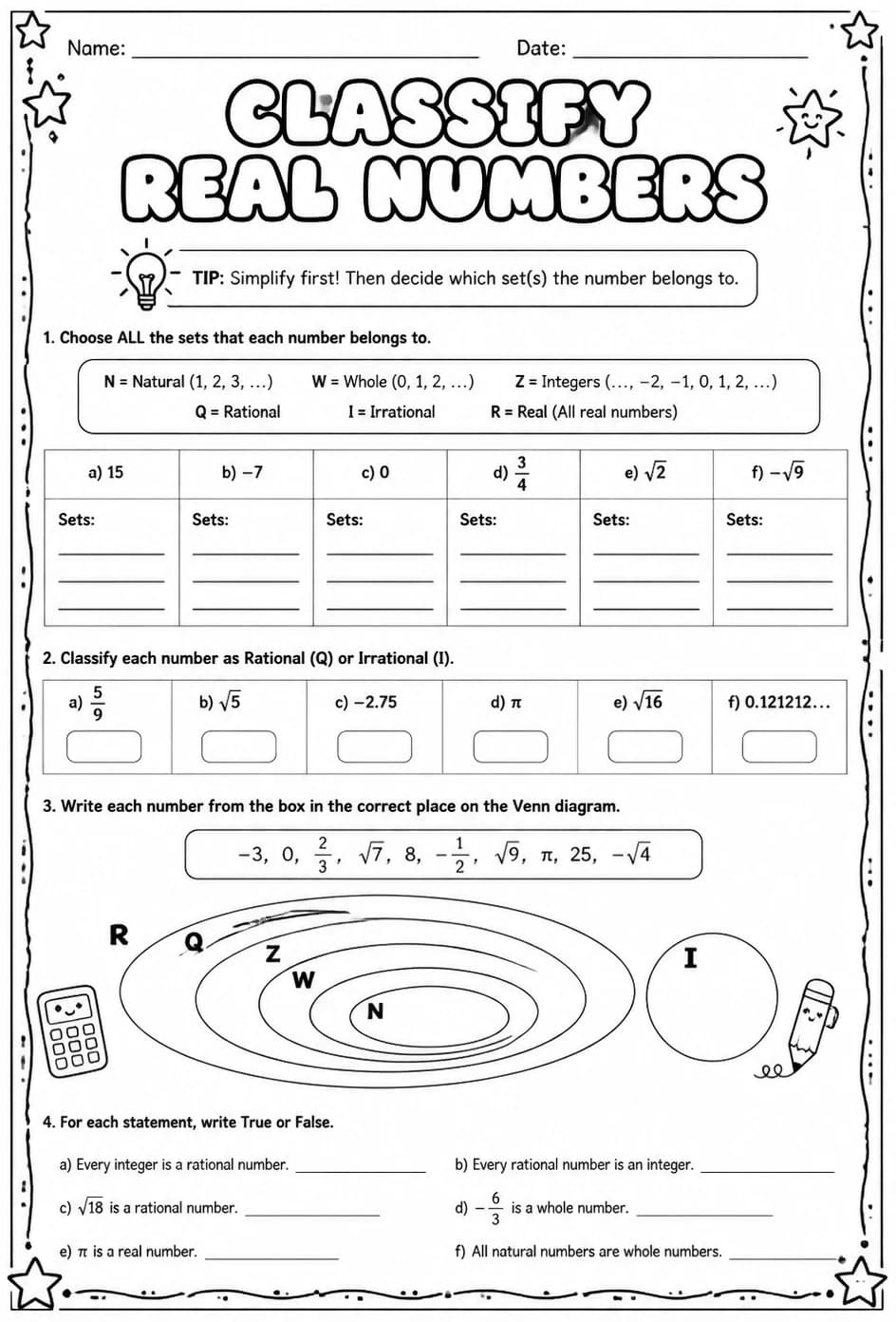 Classify real numbers — free printable Grade 7 math worksheet