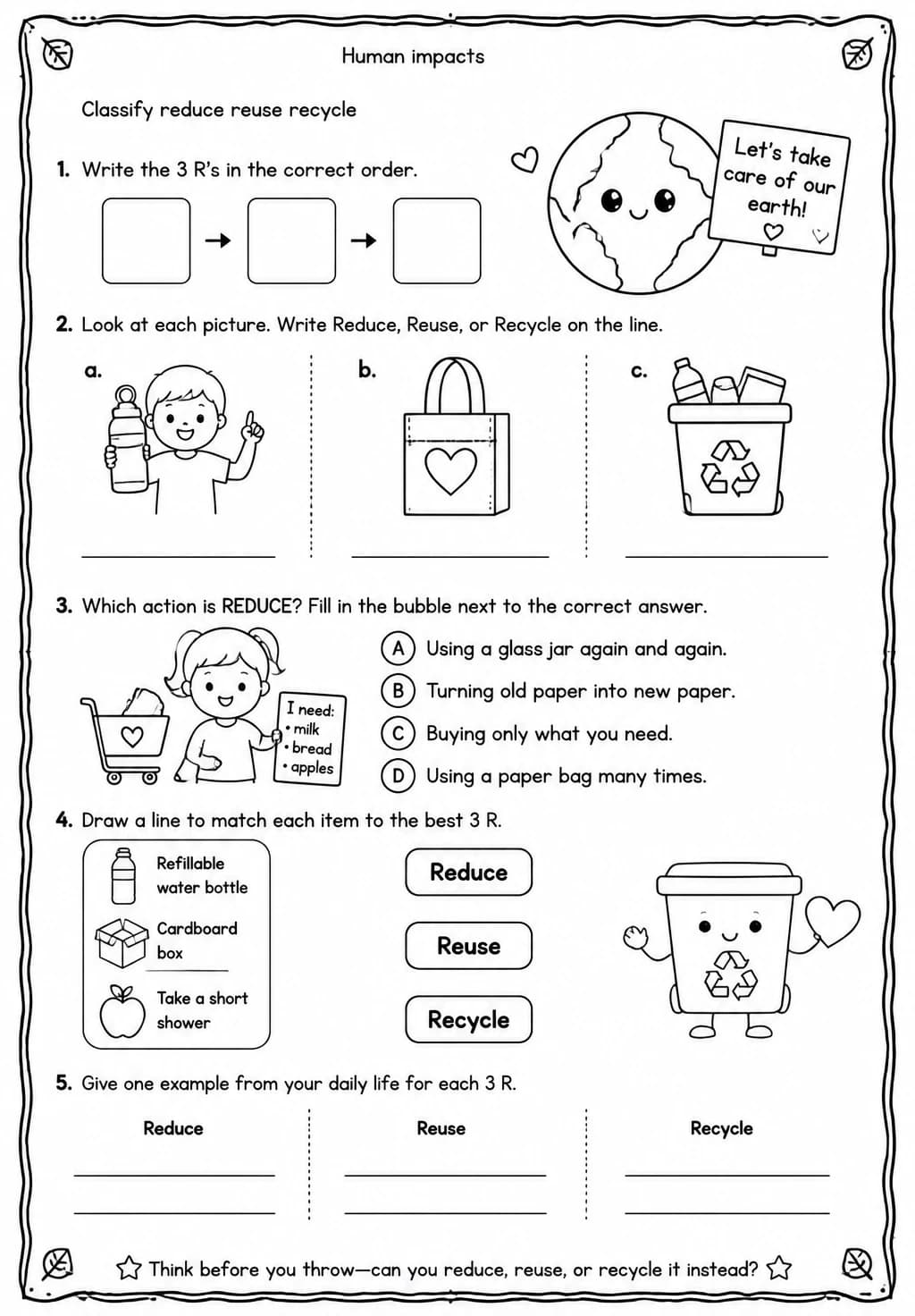 Classify reduce reuse recycle — free printable Grade 1 Science worksheet