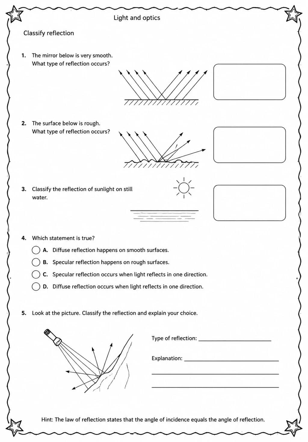 Classify reflection — free printable High School Science worksheet