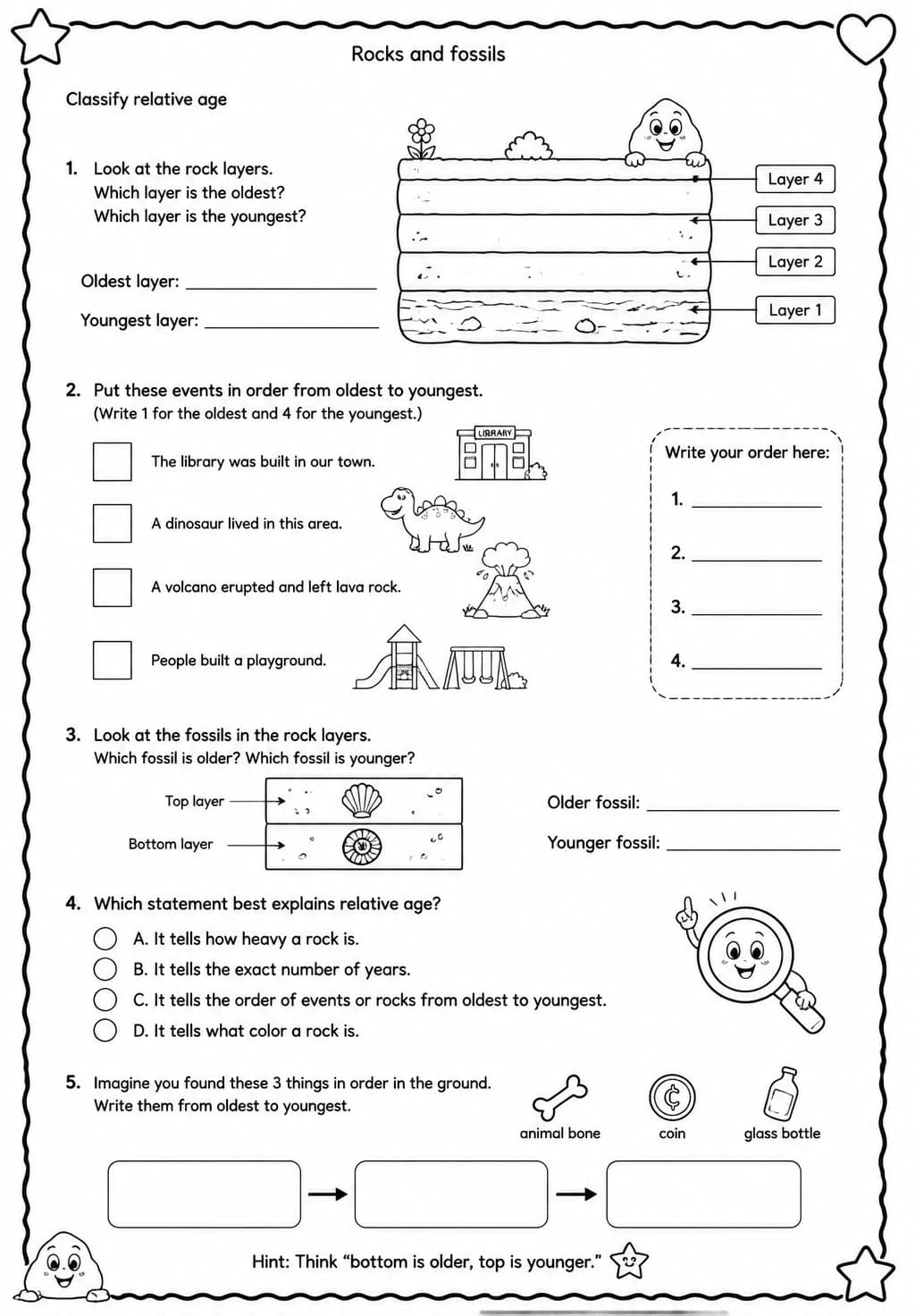 Classify relative age — free printable Grade 4 Science worksheet