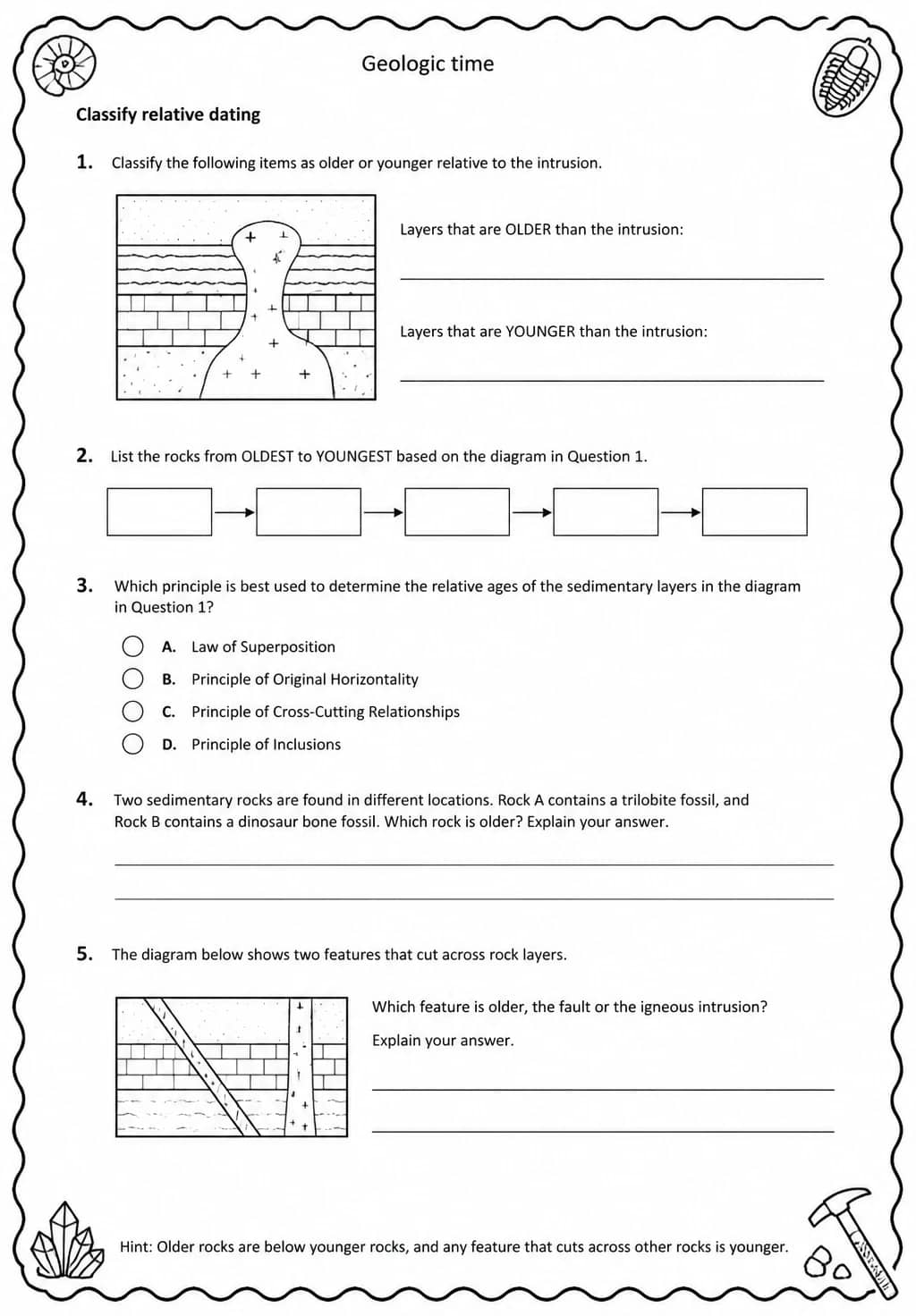 Classify relative dating — free printable Middle School Science worksheet